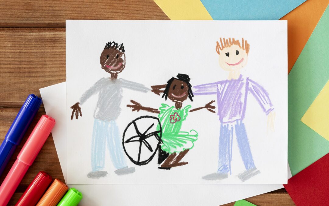bambino disabile disegnato a mano insieme agli amici